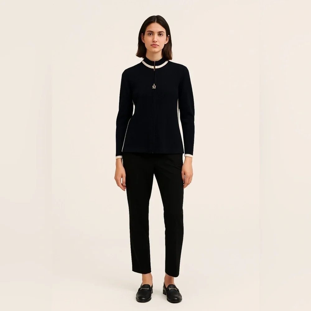 ST. JOHN Collection by Marie Gray | Knit Black Cream Contrast Front Zip